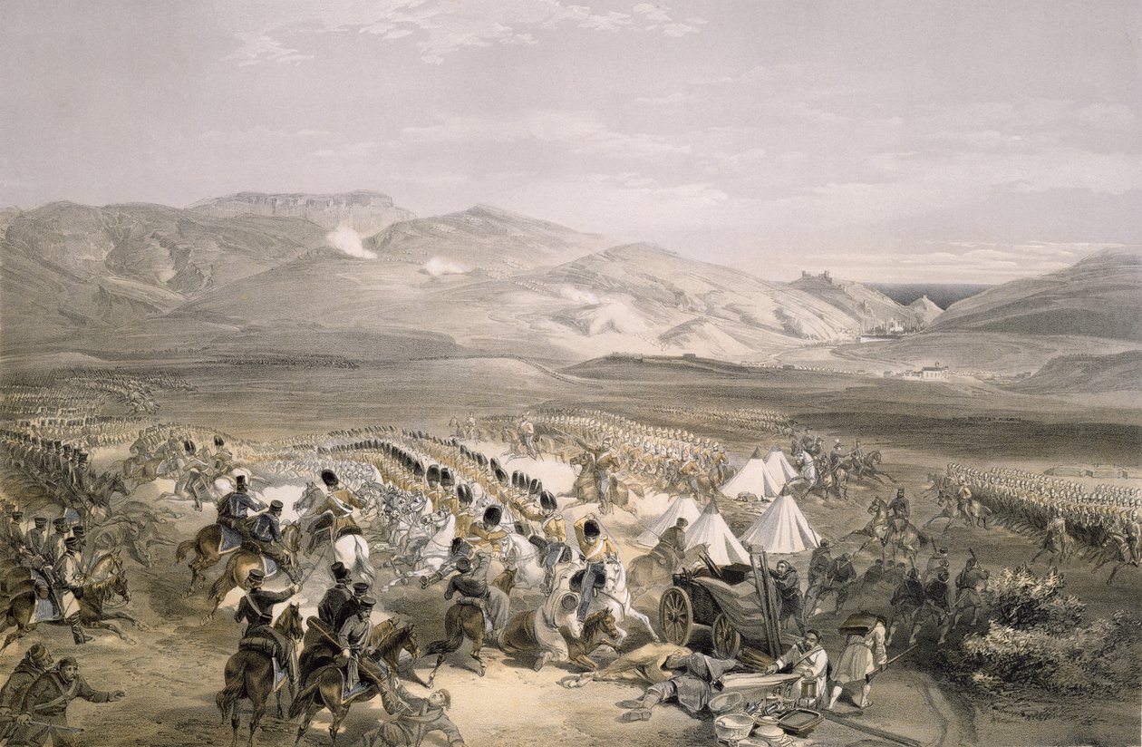 Anklager for Heavy Cavalry Brigade i slaget ved Balaclava 25. oktober 1854, gravert av E. Walker, pub. 1855 av William Crimea Simpson