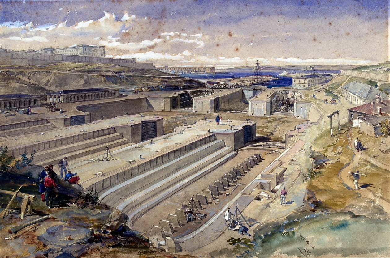 Dokker ved Sebastopol med ruinene av Fort St Paul, 1855 av William Crimea Simpson