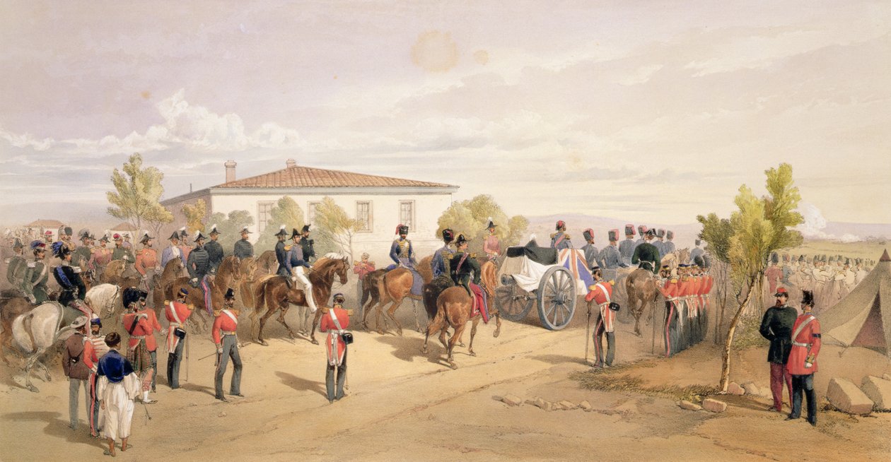 Funeral Cortege of Lord Raglan Leaving Head Quarters, tallerken fra "The Seat of War in the East", pub. av Paul und Dominic Colnaghi und Co., 1856 av William Crimea Simpson