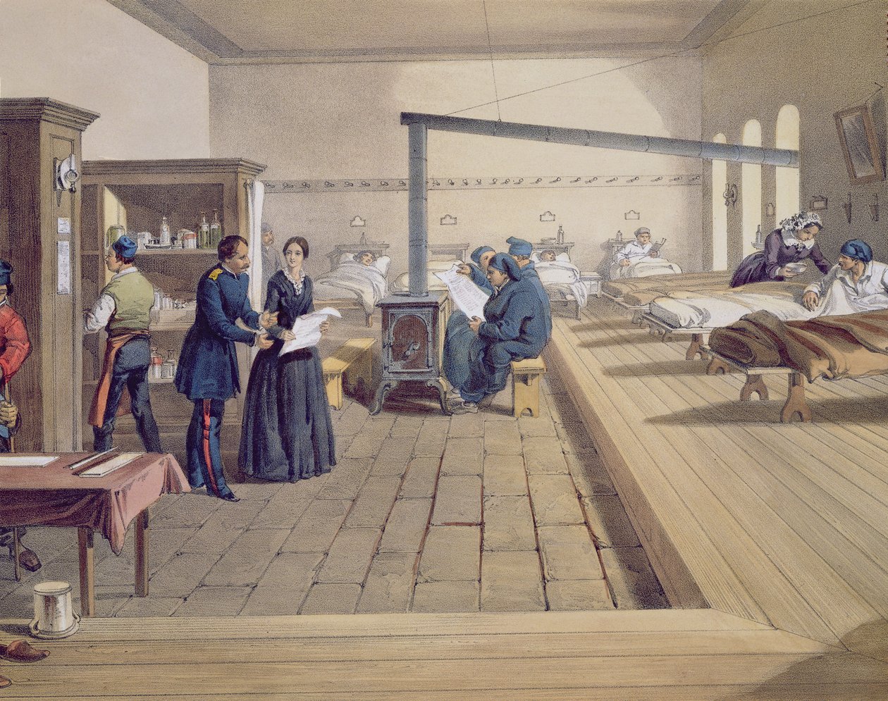 Hospital at Scutari, detalj av Florence Nightingale (1820-1910) på avdelingen, fra The Seat of War in the East, pub. av Paul & Dominic Colnaghi & Co., 1856 (detalj av 121085) av William Crimea Simpson