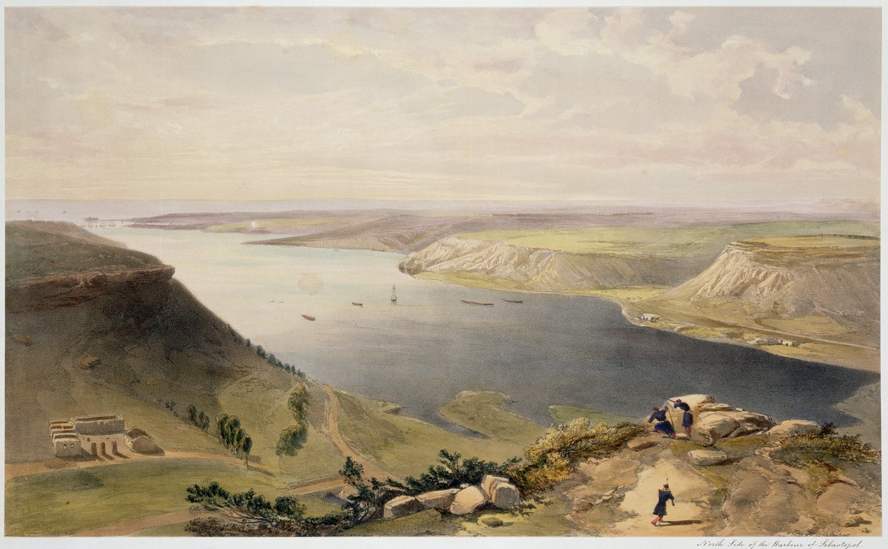 North Side of the Harbor of Sebastopol, tallerken fra "The Seat of War in the East", pub. av Paul und Dominic Colnaghi und Co., 1856 av William Crimea Simpson