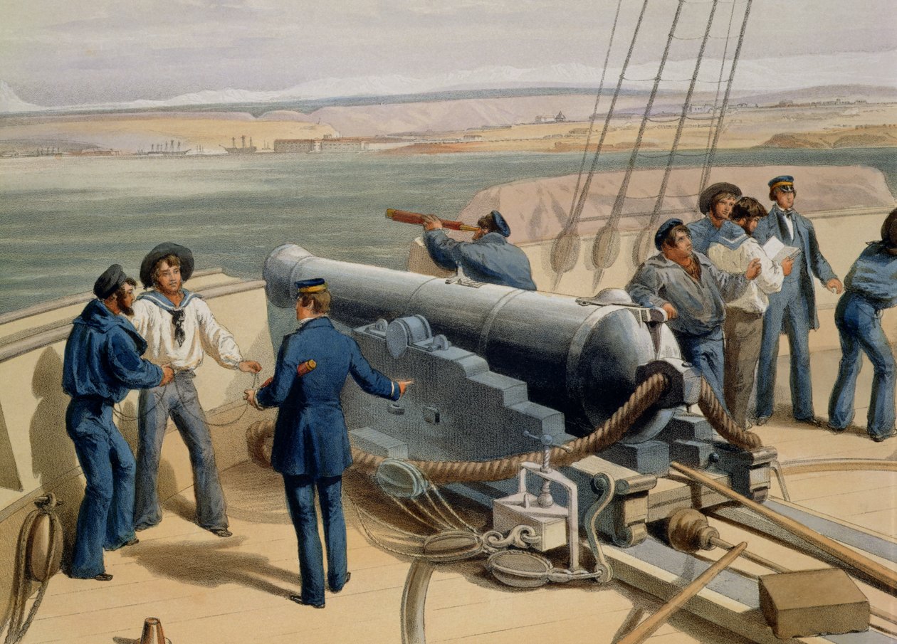 Sebastopol from the Sea, plate fra The Seat of War in the East, utgitt av Colnaghi and Co., 1856 fargelitho detalj av 142010 av William Crimea Simpson
