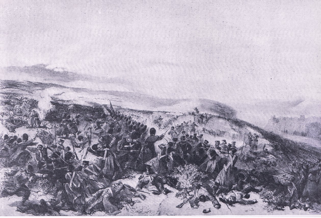 Andre anklage fra vaktene, da de tok tilbake de to pistolbatteriene i slaget ved Inkerman, illustrasjon fra British Battles on Land and Sea, 1915 av William Crimea Simpson