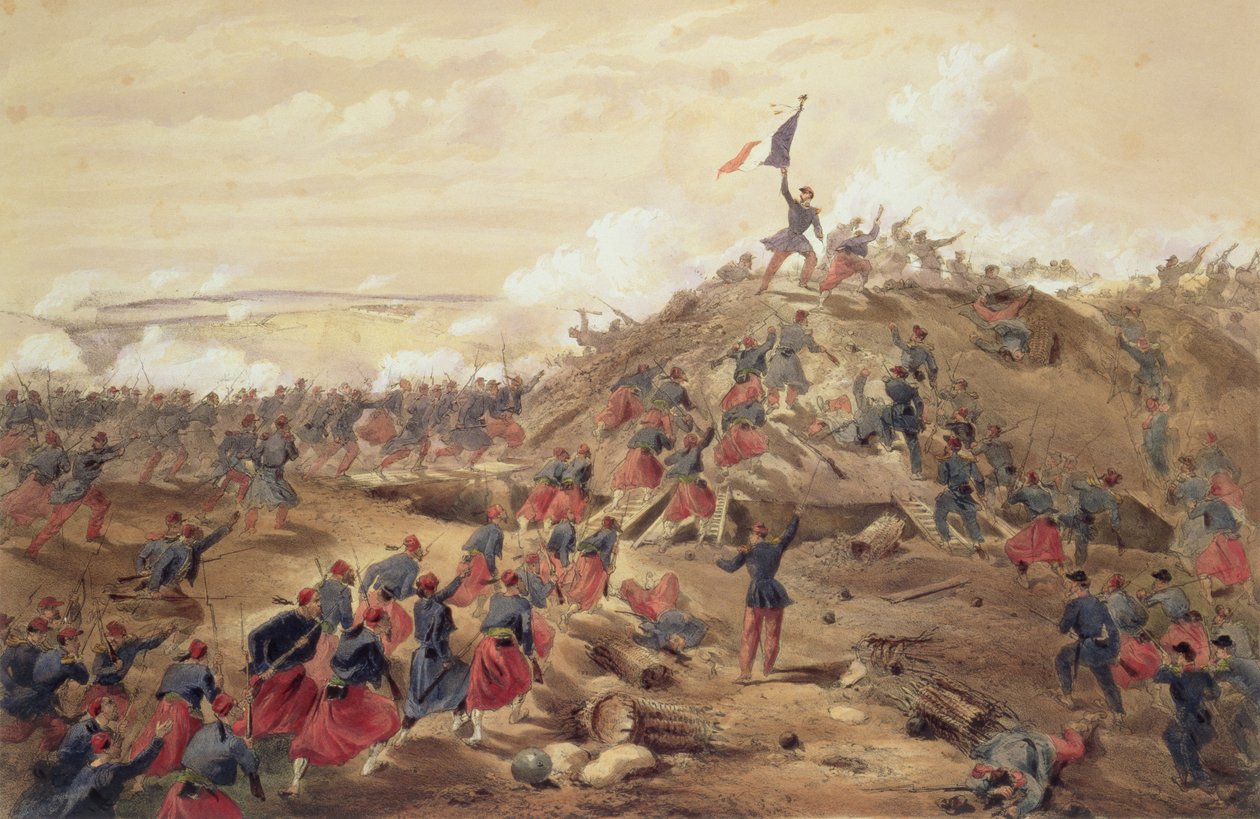 The Attack on the Malakoff, tallerken fra "The Seat of War in the East", pub. av Paul und Dominic Colnaghi und Co., 1856 av William Crimea Simpson