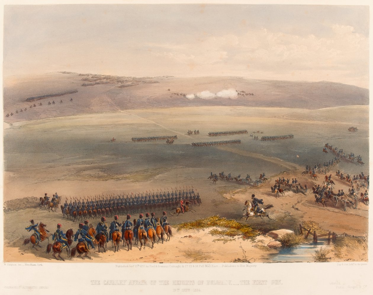 ?The Cavalry Affair of the Heights of Bulganak - The First Gun. 19. september 1854?, 1855 av William Crimea Simpson
