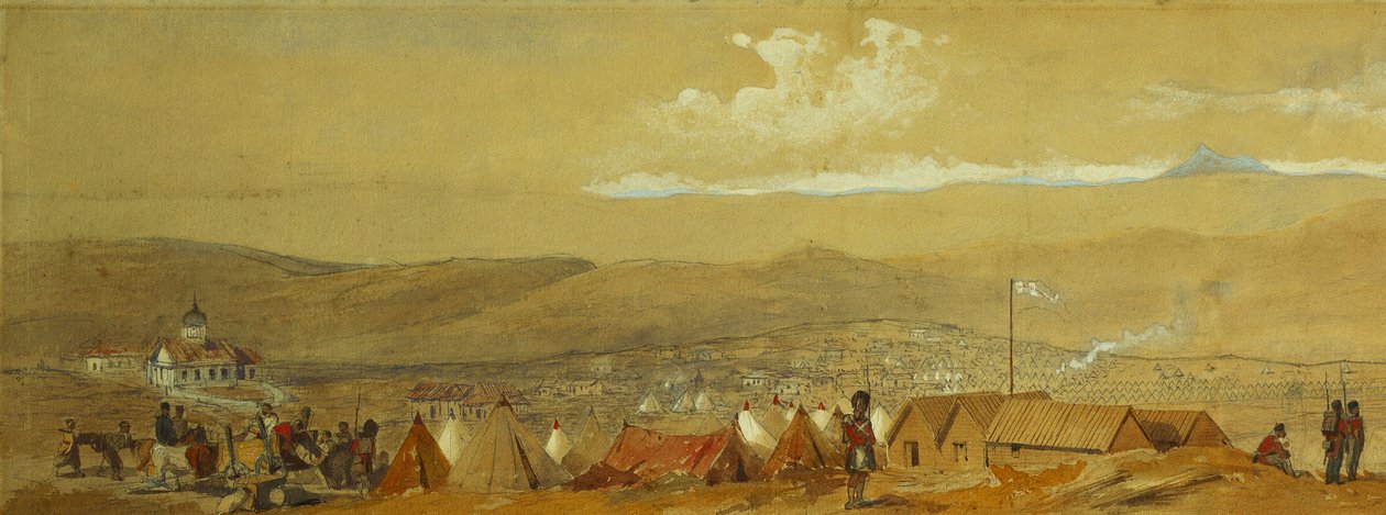 Krim: Panoramautsikt over Sebastopol som viser de militære leirene og havnen; og en panoramautsikt over Inkerman som viser et militærleir og kavaleri ved daggry, av William Crimea Simpson