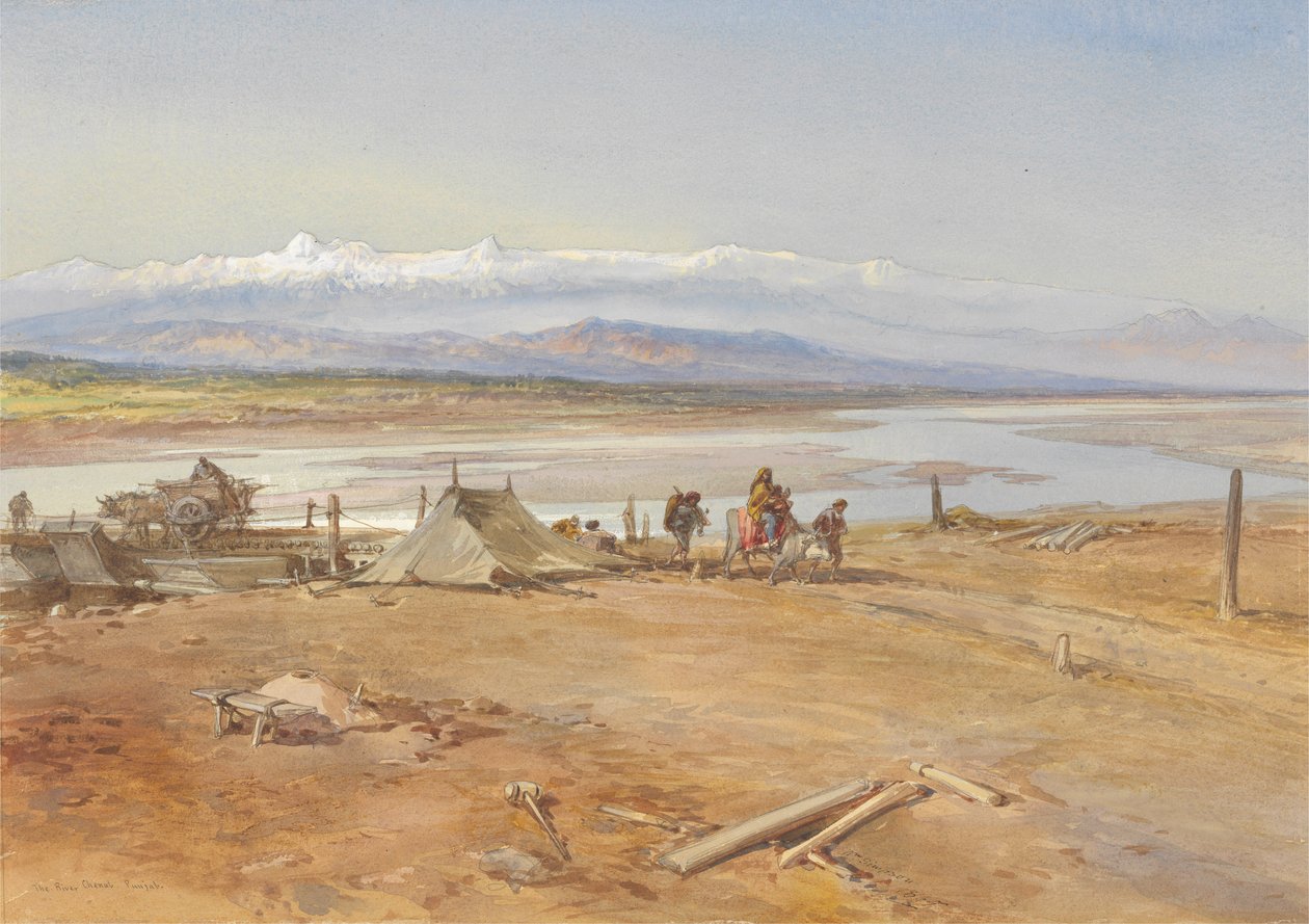 The River Chenab, Punjab, 1865 (wc og gouache på papir) av William Crimea Simpson