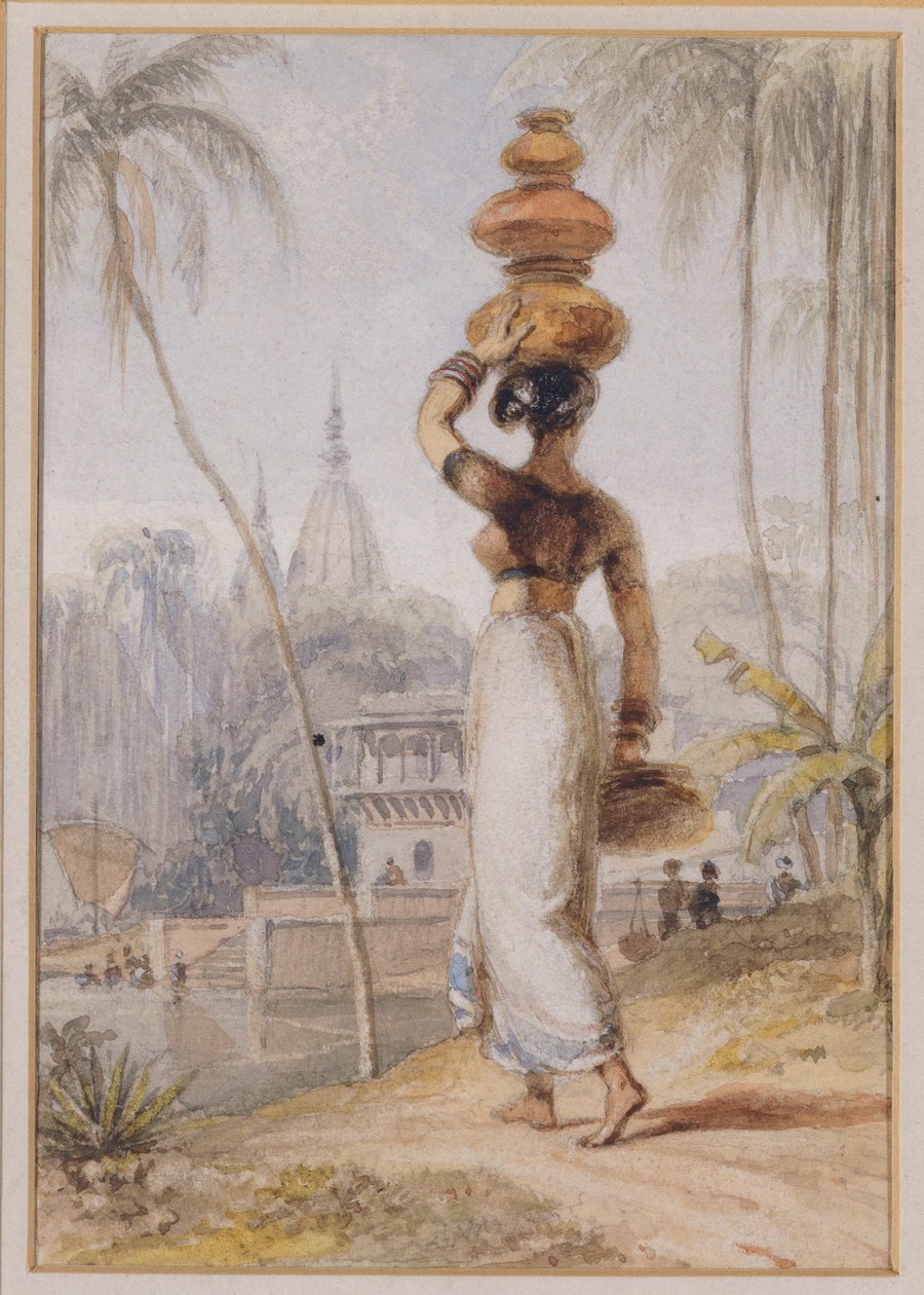 En hinduisk kvinne som bærer en vannkrukke (blyant og akvarell) av William Daniell