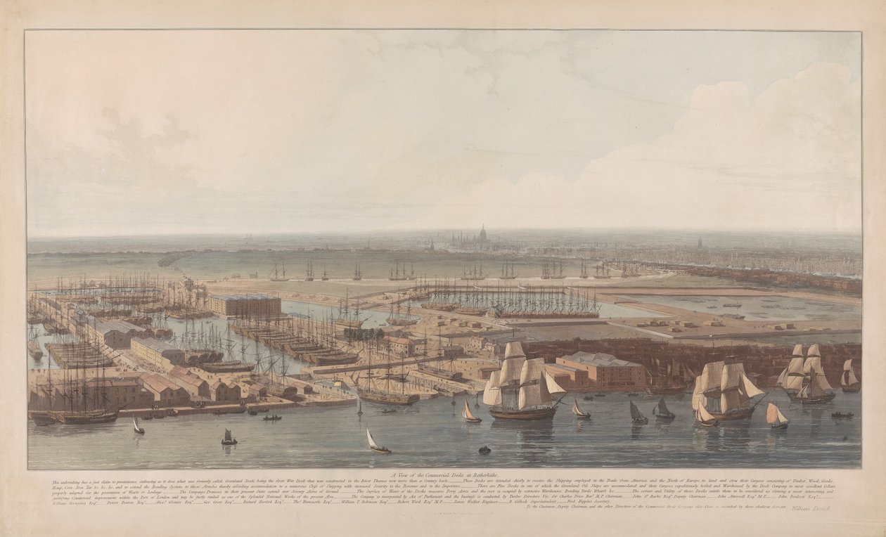 Utsikt over handelsdokkene ved Rotherhithe av William Daniell