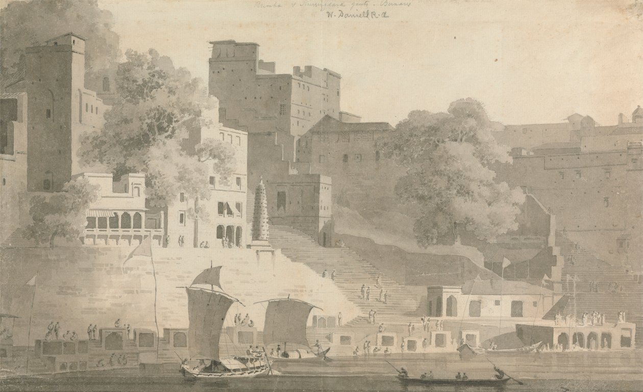 Bramha og Nursingdara Ghat, Varanasi av William Daniell