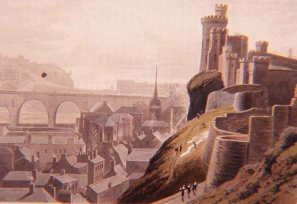 Edinburgh med en del av North Bridge og Castle, fra Daniell