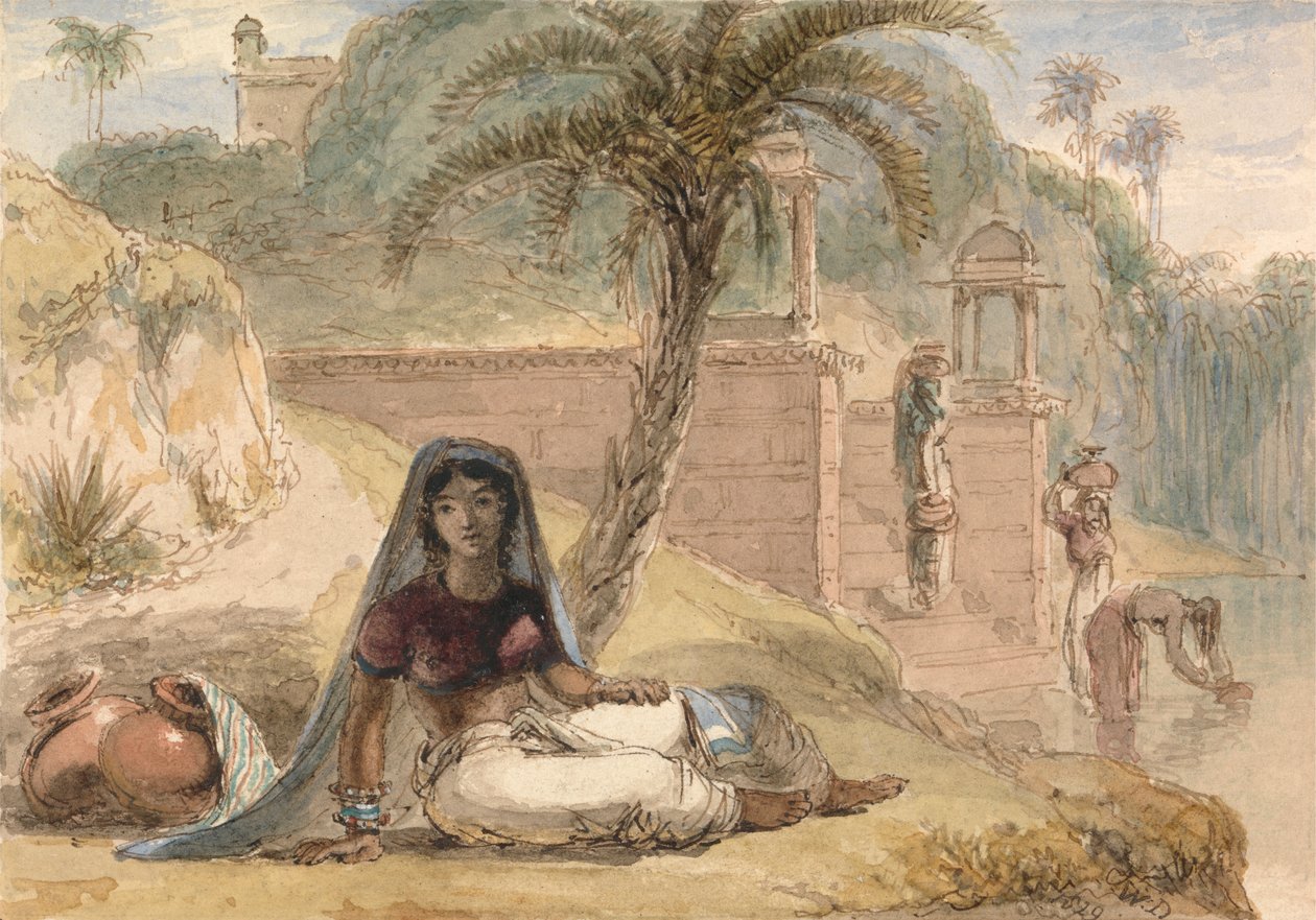 Indisk jente sitter ved en elv av William Daniell