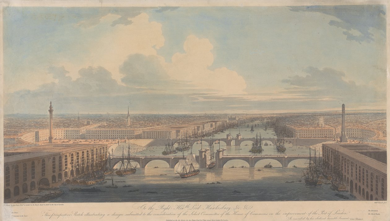 Perspektivskisse som illustrerer et forslag til forbedring av Londons havn av William Daniell