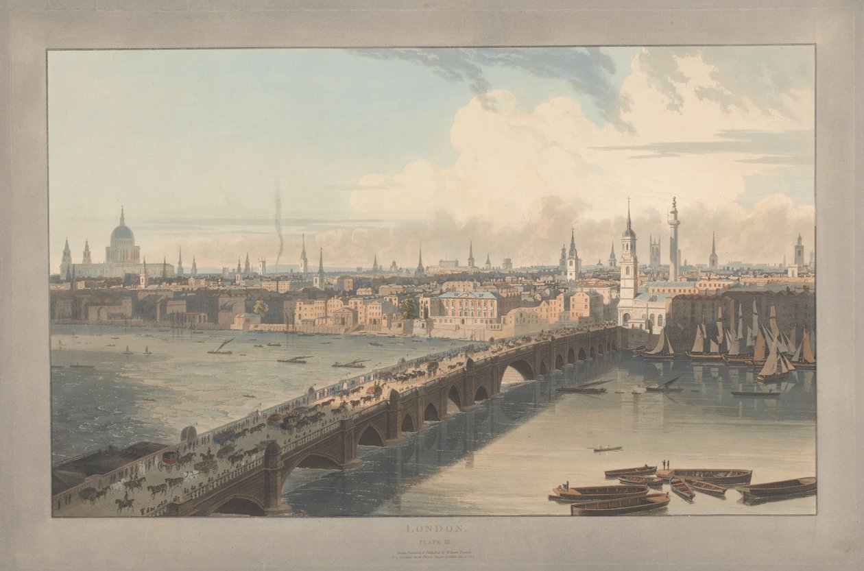 Tavle III: London, London Bridge (fra William Daniells Seks utsikter over London; Themsens bredd) av William Daniell