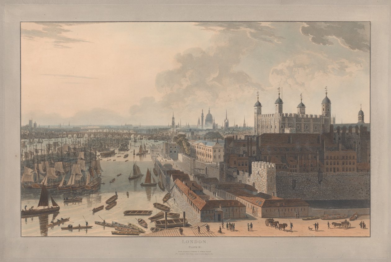 Plansje II: London, Poolen og Tower (fra William Daniells Seks utsikter over London; Themsens bredd) av William Daniell