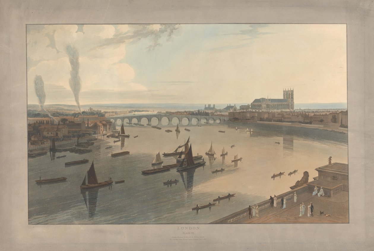 Tavle VI: London, Westminster Bridge og klosteret av William Daniell
