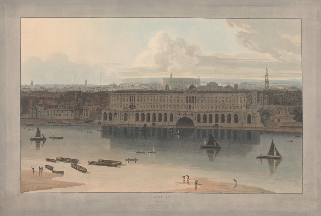 Tavle V: London, Somerset House (fra William Daniells Seks utsikter over London; Themsens side) av William Daniell