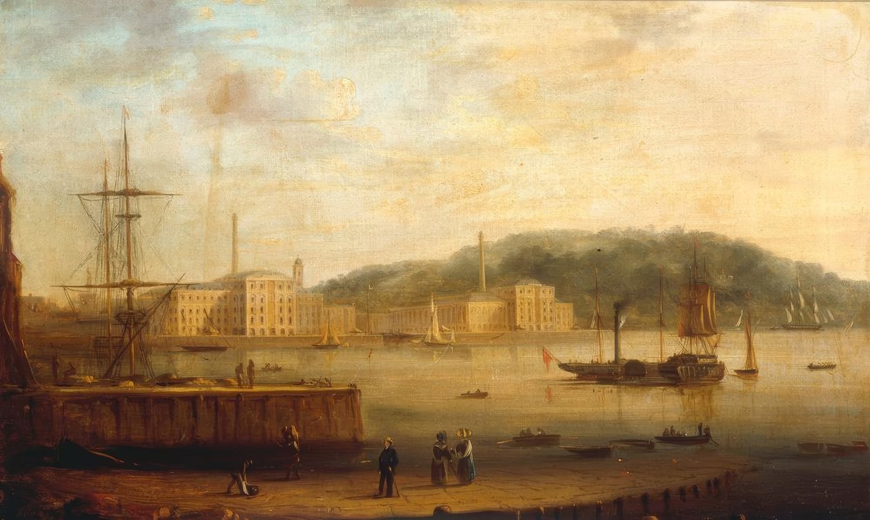 Plymouth havn med Royal William Victulling Yard av William Daniell
