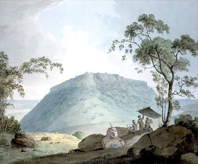 Sørøstutsikt over Hill Fort of Bijaigaih, Bihar (akvarell på papir) av William Daniell