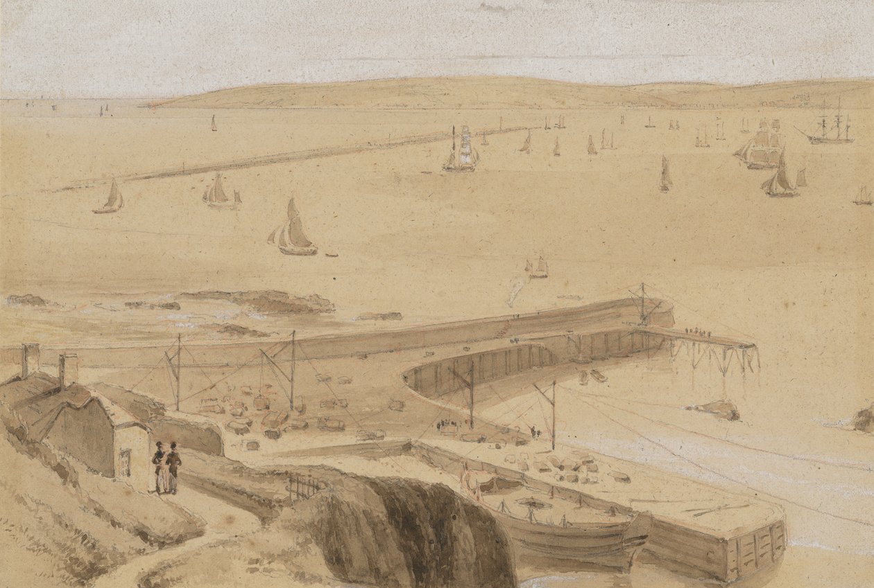 Studie til en kai ved Straddon Point nær Plymouth av William Daniell