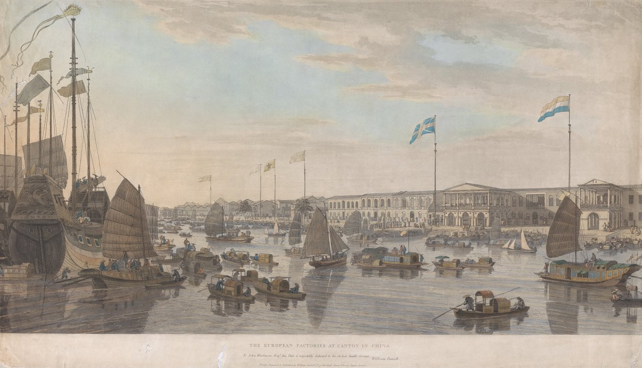 De europeiske handelsstasjonene i Kanton i Kina av William Daniell