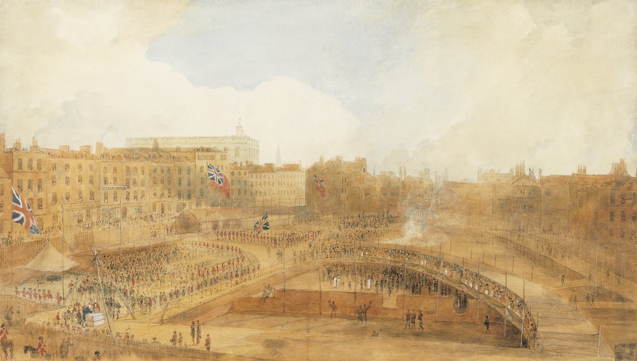 Prinsen av Wales legger grunnsteinen til Theatre Royal, Covent Garden, 31. desember 1808 (blyant, penn og brunt blekk og akvarell forsterket med innslag av kroppsfarge og med utskraping) av William Daniell