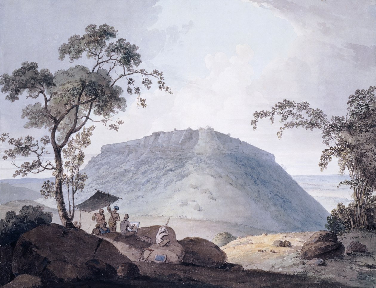Sørøstutsikten over Bijaigarh, Uttar Pradesh, ca. 1790 av William Daniell