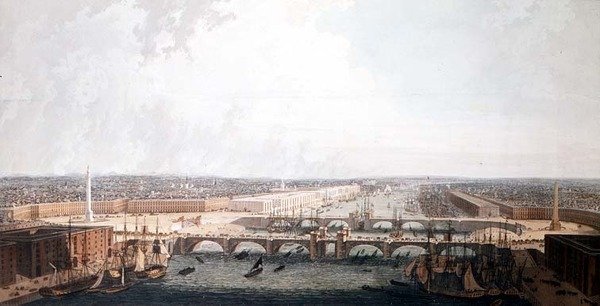 Utsikt over London med forbedringene av havnen og den doble London Bridge. Sendt til den utvalgte komiteen for Underhuset av William Daniel (akvatint) av William Daniell