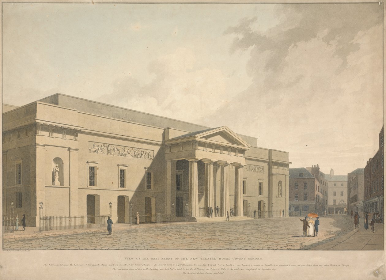 Utsikt over østfasaden på det nye Theatre Royal Covent Garden av William Daniell