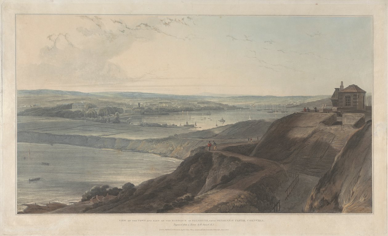 Utsikt over byen og en del av havnen i Falmouth fra Pendennis Castel, Cornwall av William Daniell