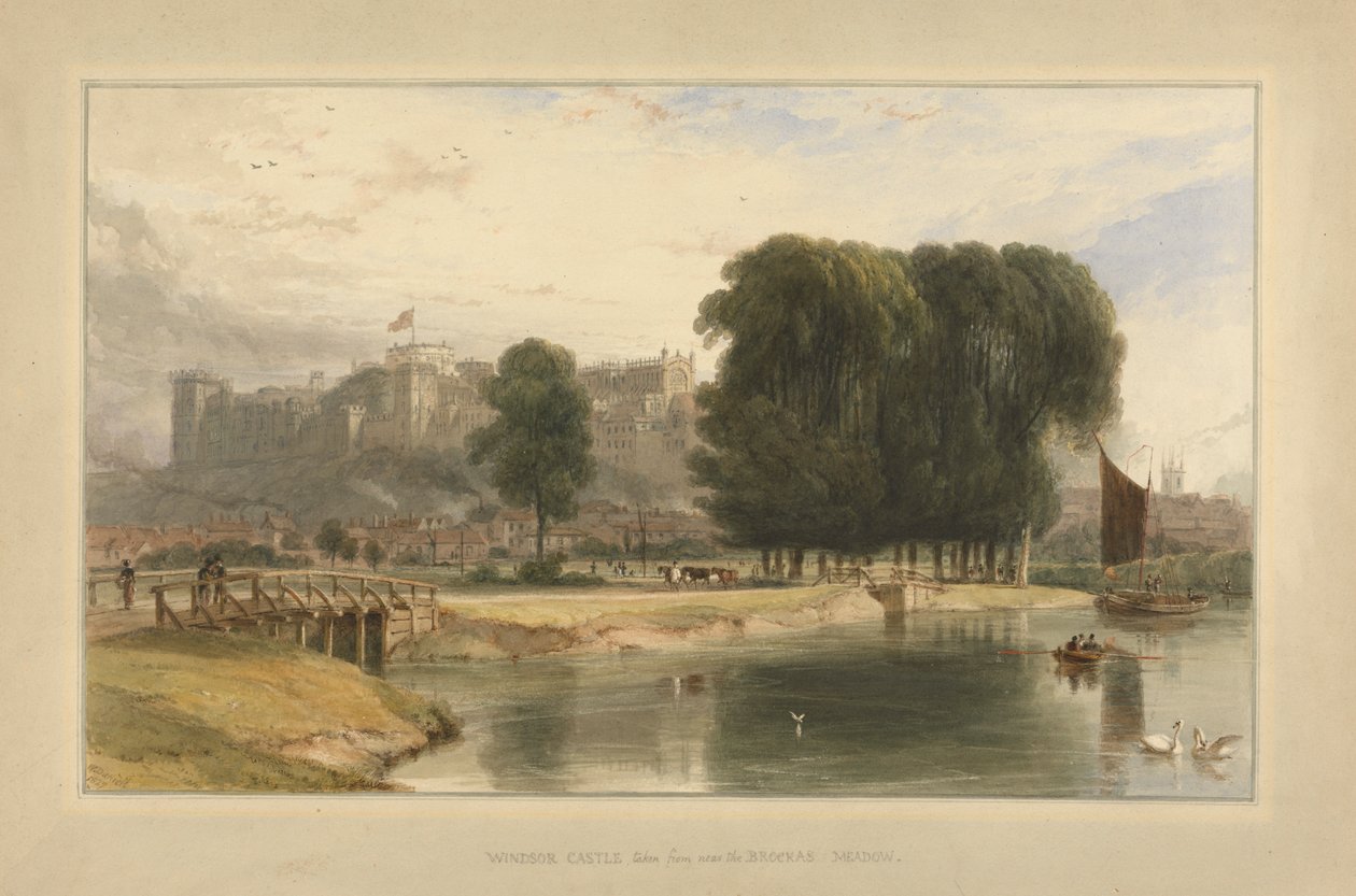 Windsor Castle fra nær Brocas Meadows av William Daniell