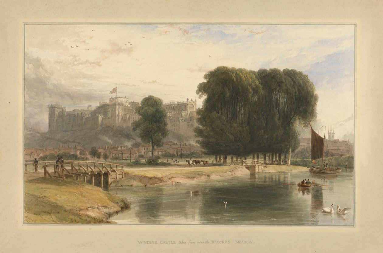 Windsor Castle, fra nær Brocas Meadows, 1827 (wc og penn og blekk på papir lagt på montering) av William Daniell
