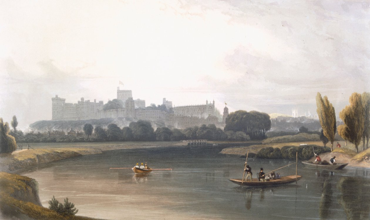 Windsor Castle fra Themsen: utsikt mot vest, og fiske fra punter, c1827-30. av William Daniell