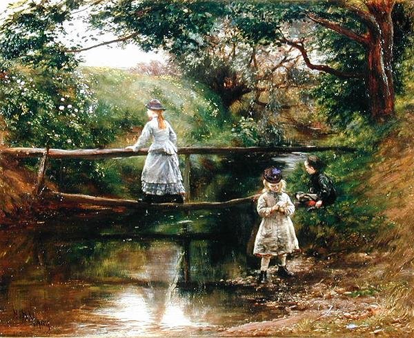 On the Tyne nær Ormiston - Children Gathering Wild Flowers (olje på lerret) av William Darling McKay