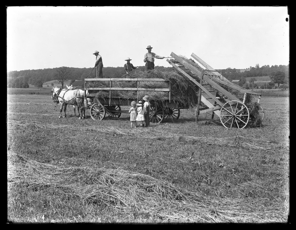 Gårdsarbeidere laster høy på hestetrukket høyvogn mens tre barn ser på, McCready Farm, Crawford County, Pennsylvania, ca. 1913 av William Davis Hassler