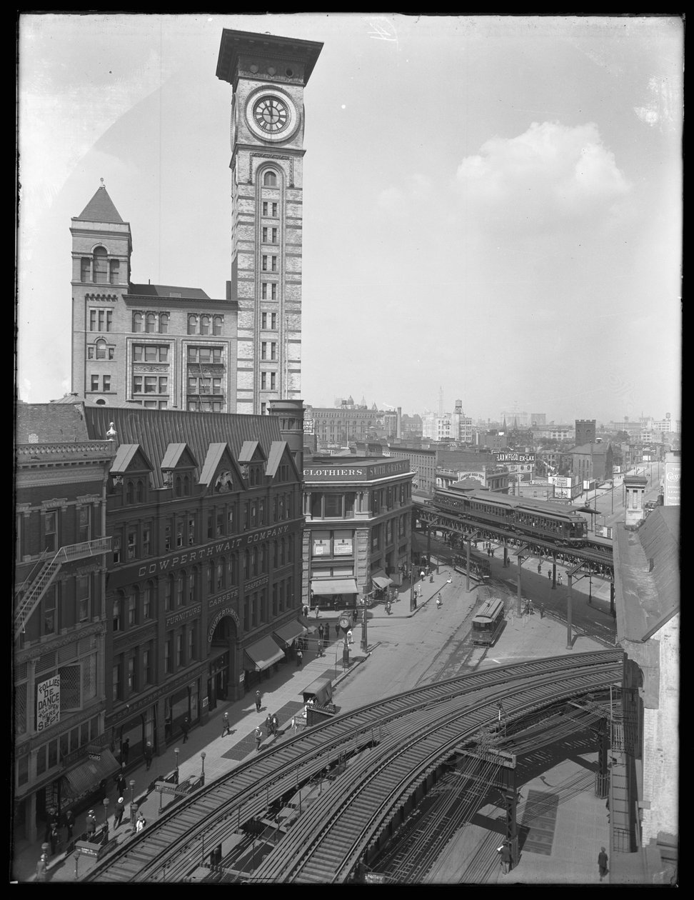 Høyvinklet visning av krysset mellom Flatbush Avenue og Fulton Street, Brooklyn, New York, 5. september 1914 av William Davis Hassler