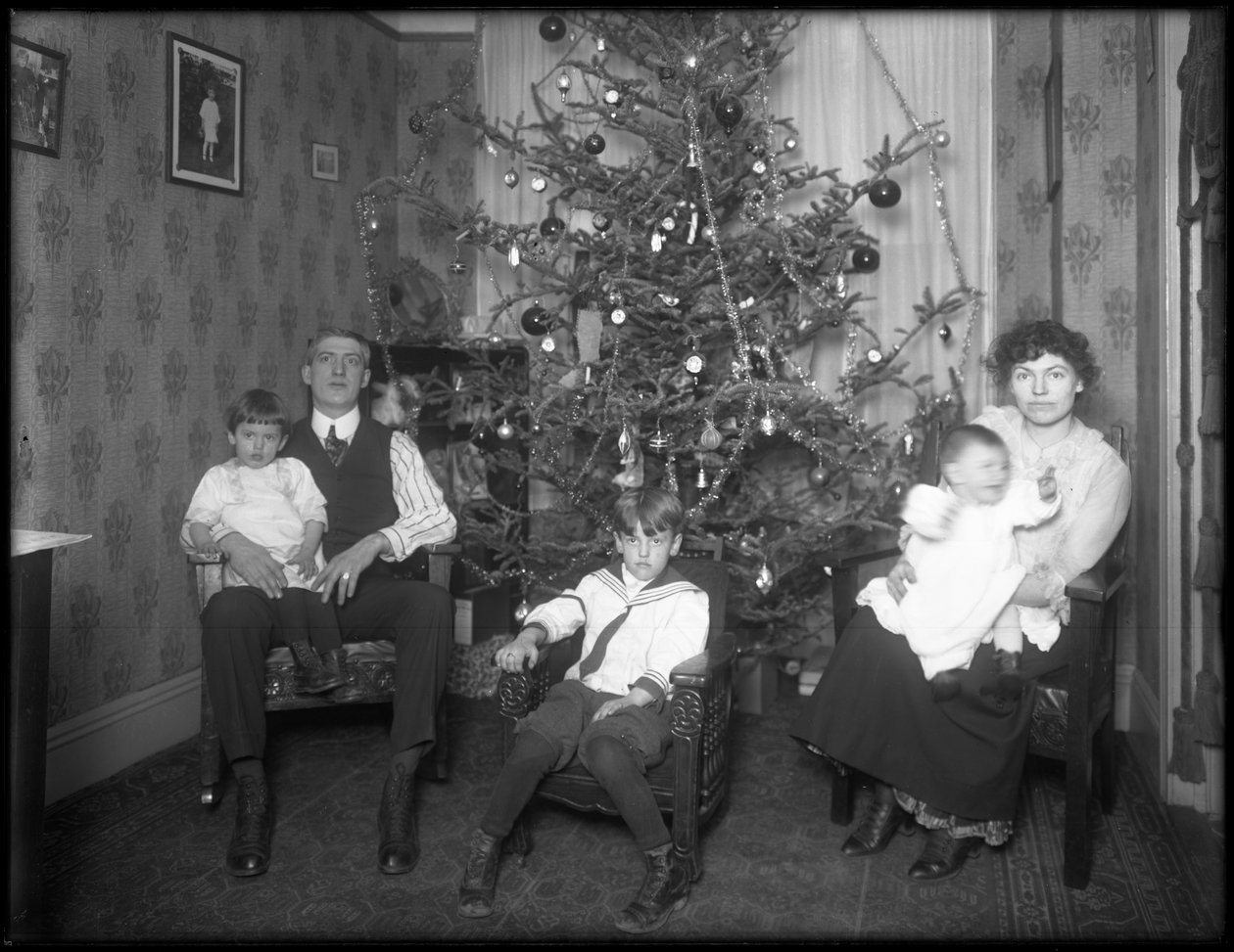 Uformelt gruppeportrett av uidentifisert familie i leiligheten deres sittende foran et juletre, New York City, ca. 1915-16 av William Davis Hassler