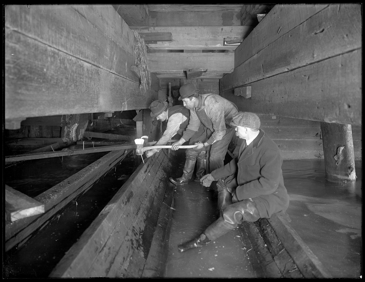 Menn som arbeider i W. 129th Street sewer, New York, ca. 1911 av William Davis Hassler