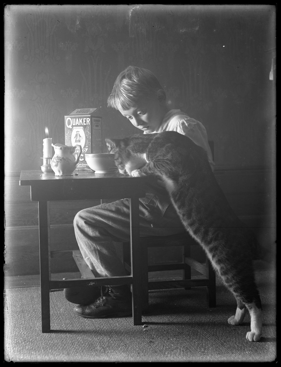 William Gray Hassler og katten Reddy spiser Quaker-puffet risblanding, ca. 1912 av William Davis Hassler