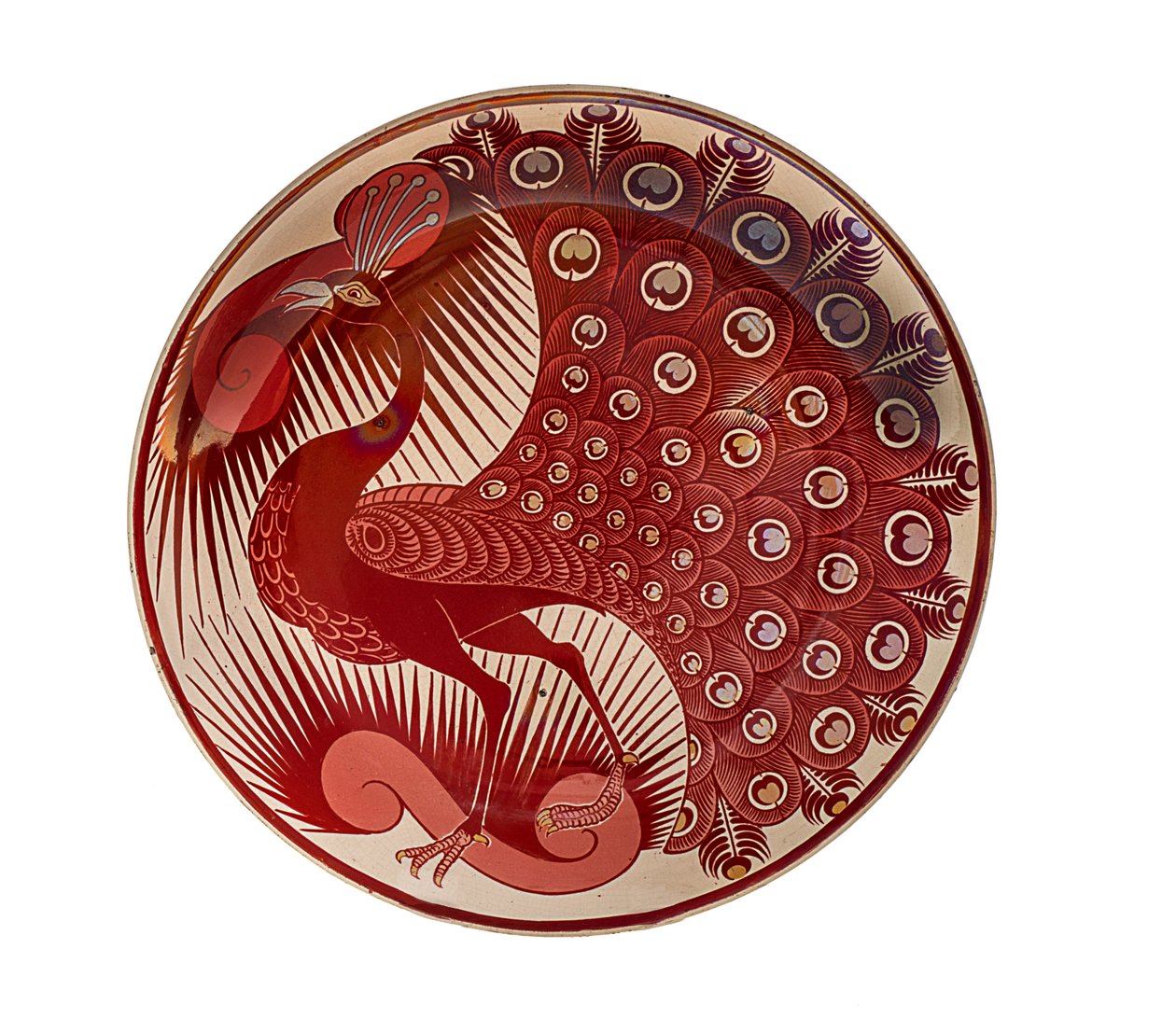 Red Luster Peacock Plate av William de Morgan