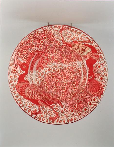 Ruby- og gullglanslader dekorert med to påfugler, malt av Charles Passenger, ca. 1890 (keramikk) av William de Morgan