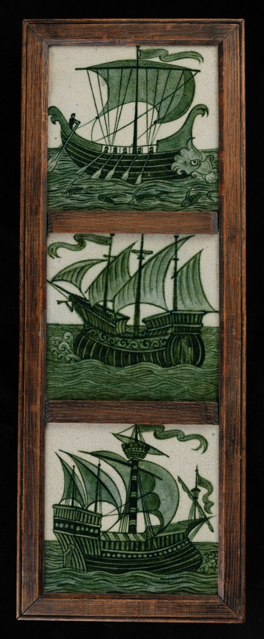 Flispanel av skip i fullt seil, i ramme, ca. 1865-80 (keramikk) av William de Morgan