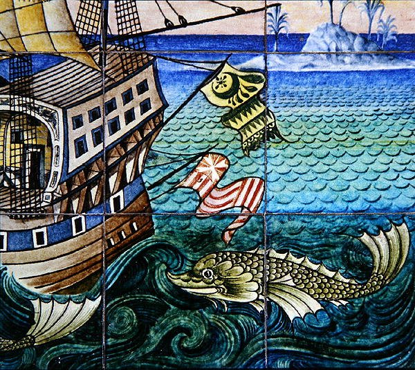 Fliser som viser en gallion av William de Morgan
