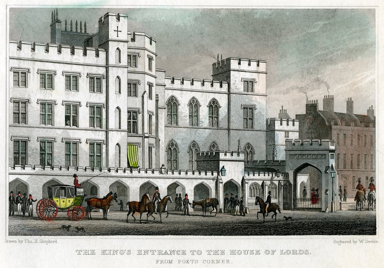 Kings inngang til House of Lords, Palace of Westminster, London, 1829. av William Deeble