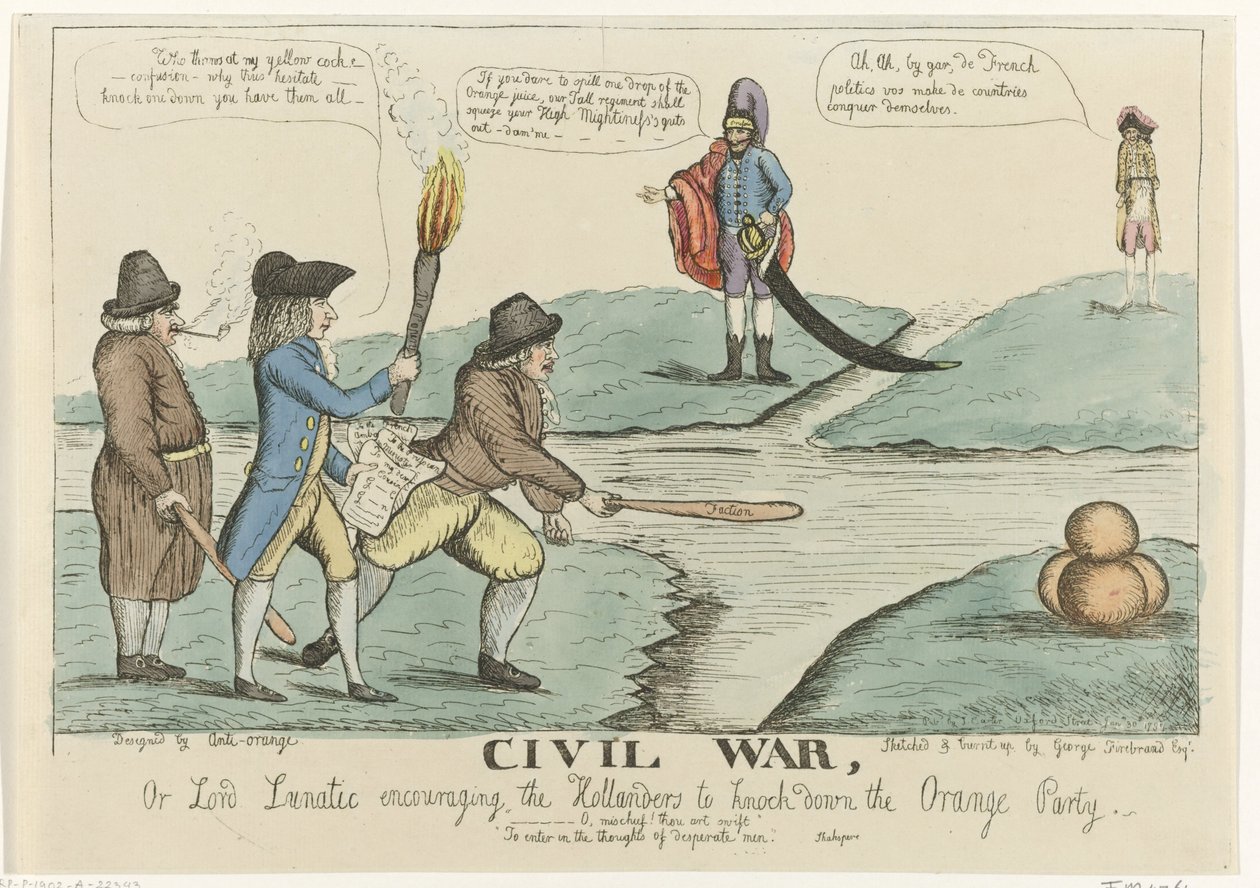 Engelsk tegneserie av den nederlandske borgerstriden, 1787 Borgerkrig, eller Lord Lunatic som oppmuntrer hollanderne til å slå ned Orange Party (tittel på objekt) av William Dent