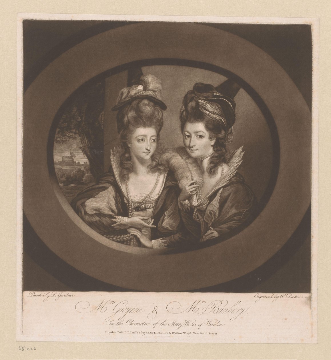 Portrett av Mary Gwyn og Catherine Bunbury Mrs. Gwynne og Mrs. Bunbury, / i karakterene til Merry Wives of Windsor (tittel på objekt) av William Dickinson