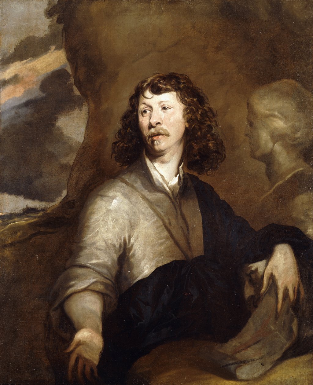 Portrett av en gentleman, muligens kunstneren, i halv lengde, i en brun kappe og blå omslag, ved siden av en marmorbyste, i et steinete landskap, av William Dobson