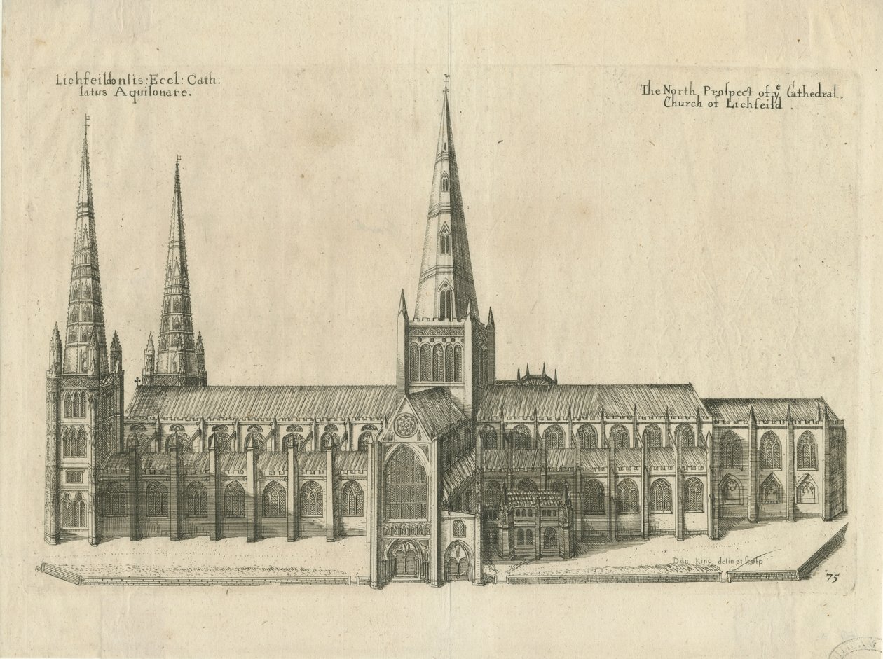 Lichfield Cathedral - South View: kobberplategravering, nd [?midten av 1600-tallet] av William Dugdale