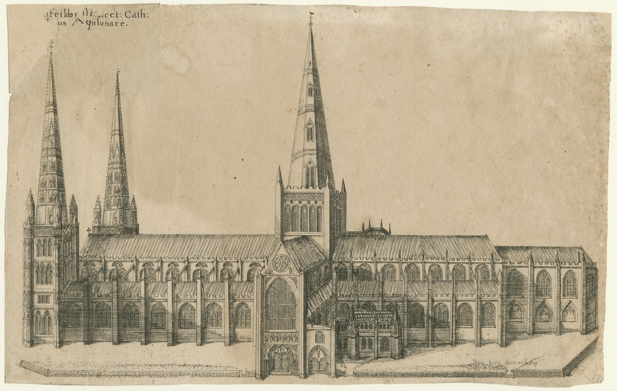 Lichfield Cathedral - South View: kobberplategravering, nd [?midten av 1600-tallet] av William Dugdale