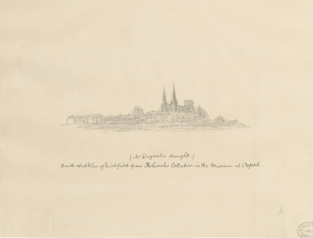 Lichfield Cathedral - South West View: blyanttegning, og [?1600-tallet] (tegning) av William Dugdale
